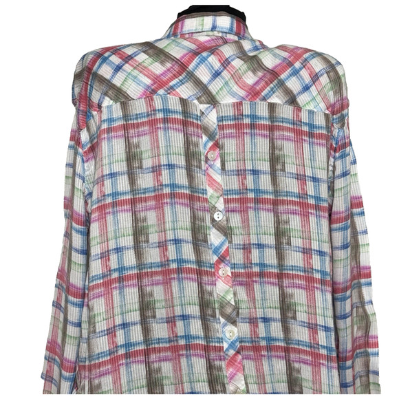 We The Free Women's Button Down Shirt Pink Blue Plaid Top Medium Long Sleeves - Picture 10 of 12